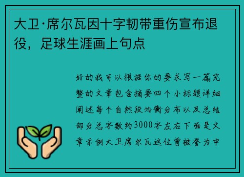 大卫·席尔瓦因十字韧带重伤宣布退役，足球生涯画上句点